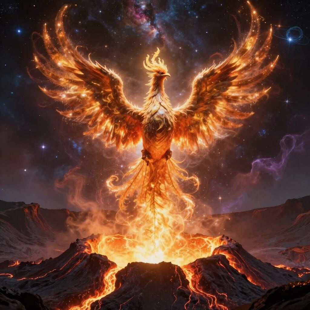 Cosmic Phoenix Rises from Molten Gold in Digital Art Style