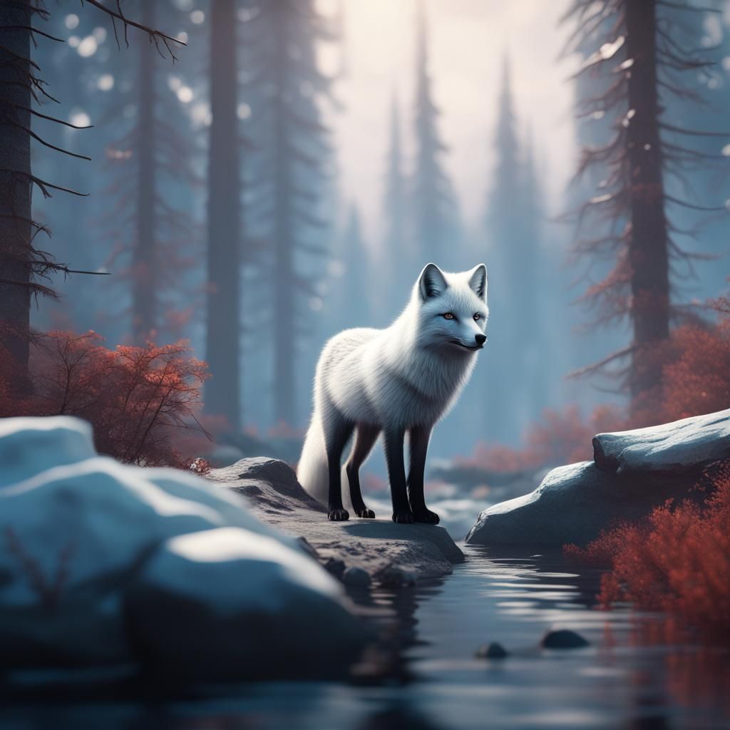 Arctic Fox in Taiga Forest: Detailed Matte Painting