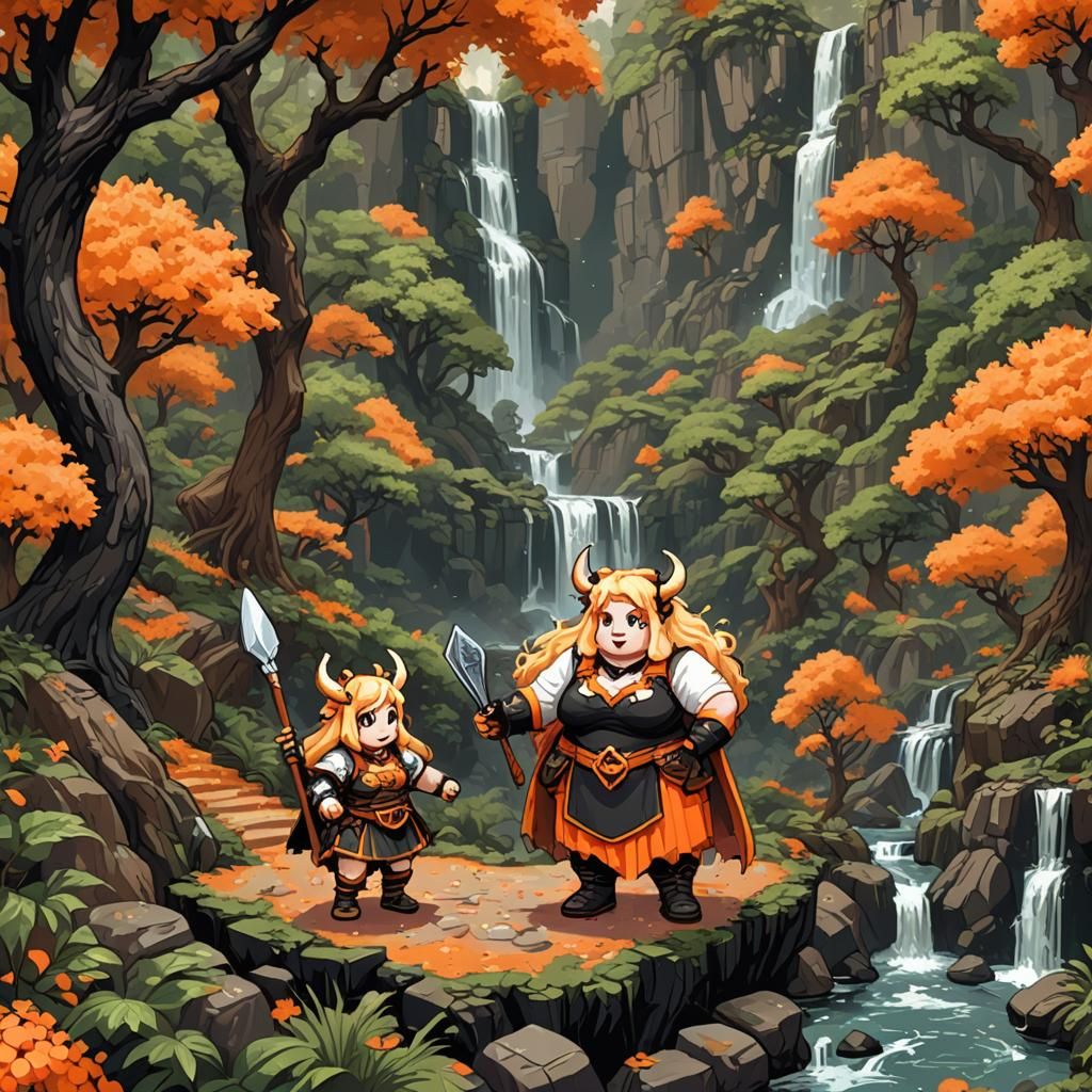 Sixteen bit early ninties era jrpg style pixel art of A tough powerful super tiny obese blonde woman champion in a orang...