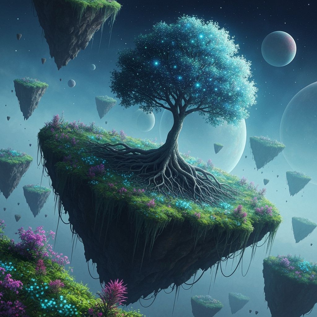 Ancient Tree in Surreal Cosmic Landscape
