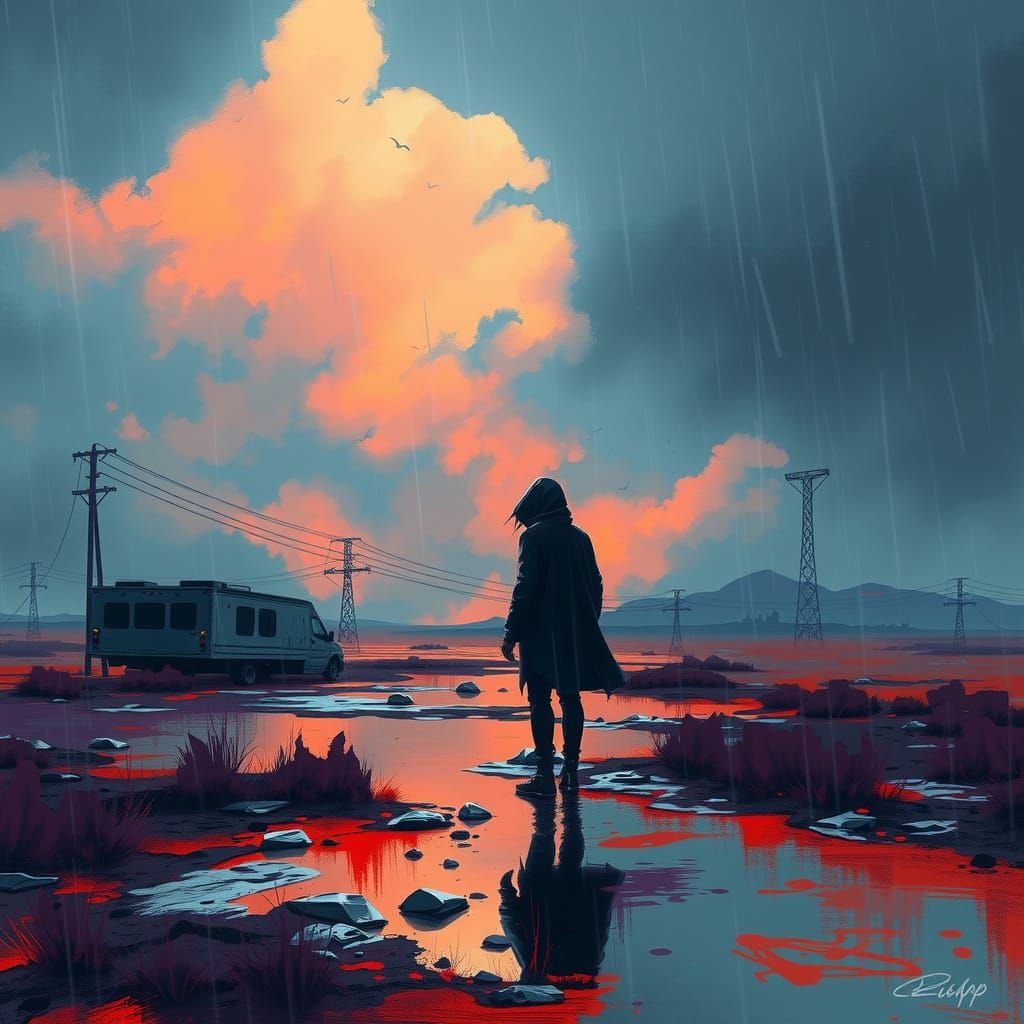 Dystopian Figure in Stormy Landscape with Neon Hues