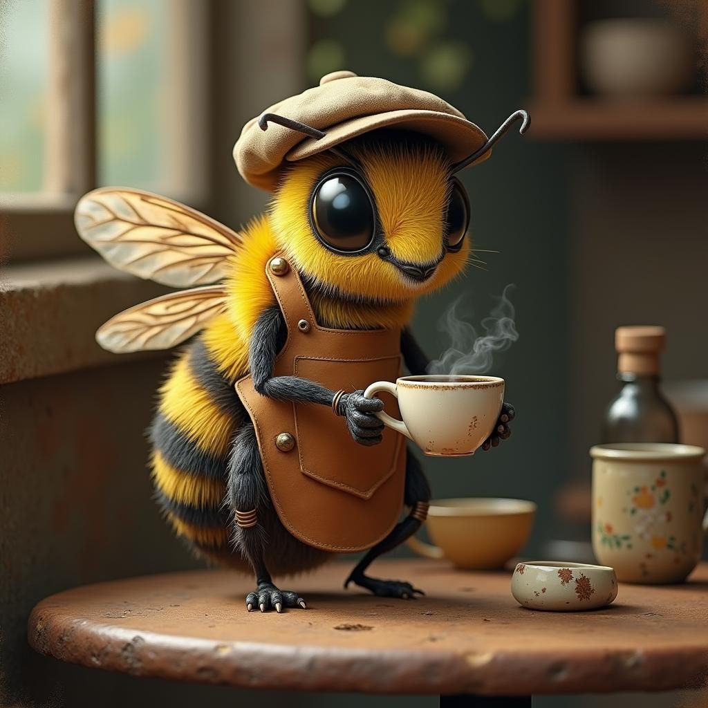 Bee at Café Table in Impressionist Style
