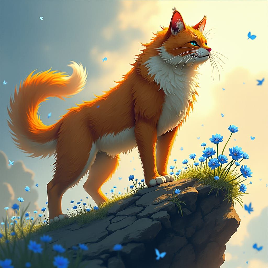 Warrior Cat Amidst Flowers, in Anime Style