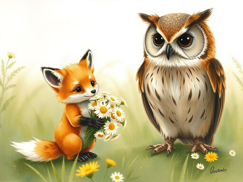 Fox Cub Offers Bouquet to Owl: Cute Fantasy Art