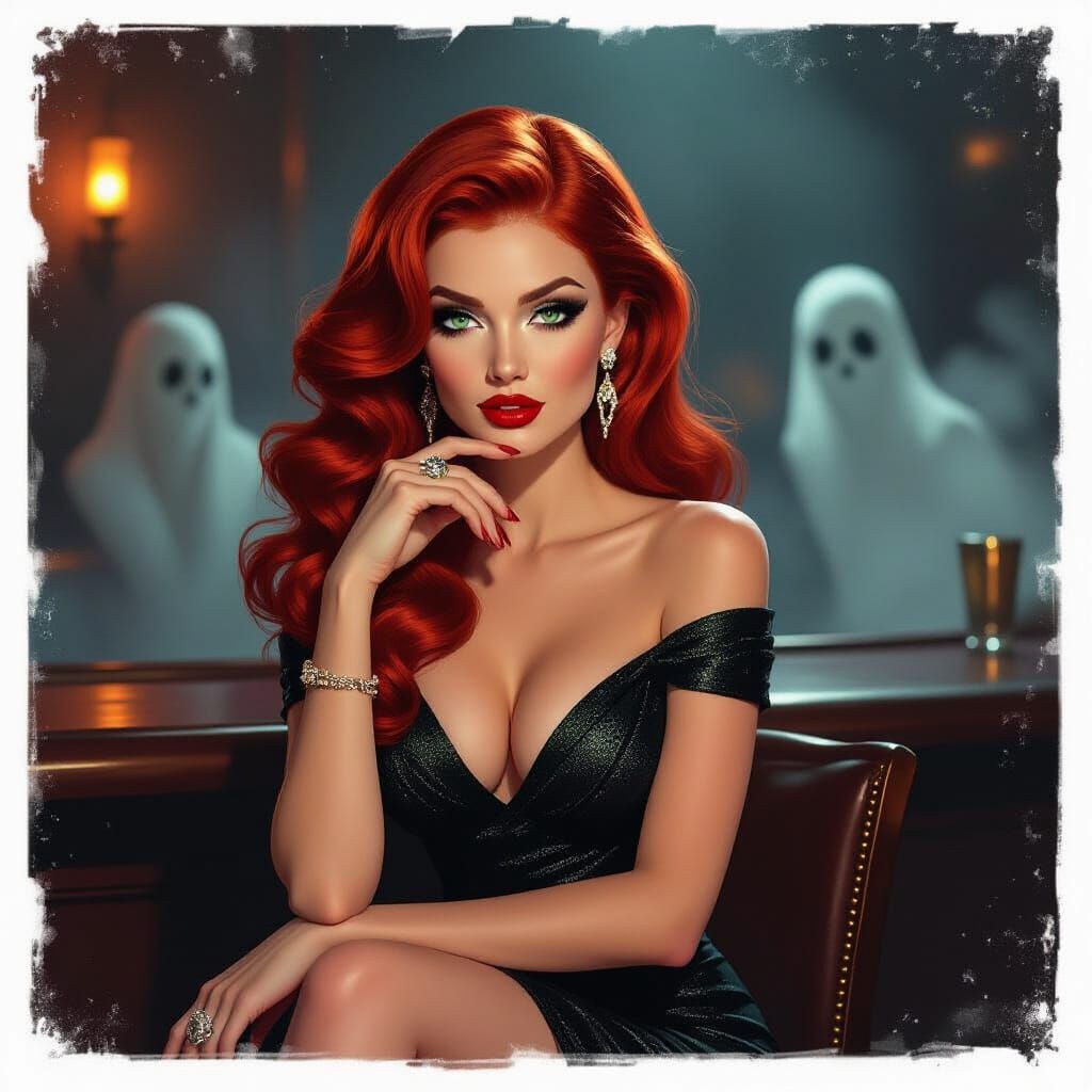 Elegant Woman with Red Hair in Moody Bar