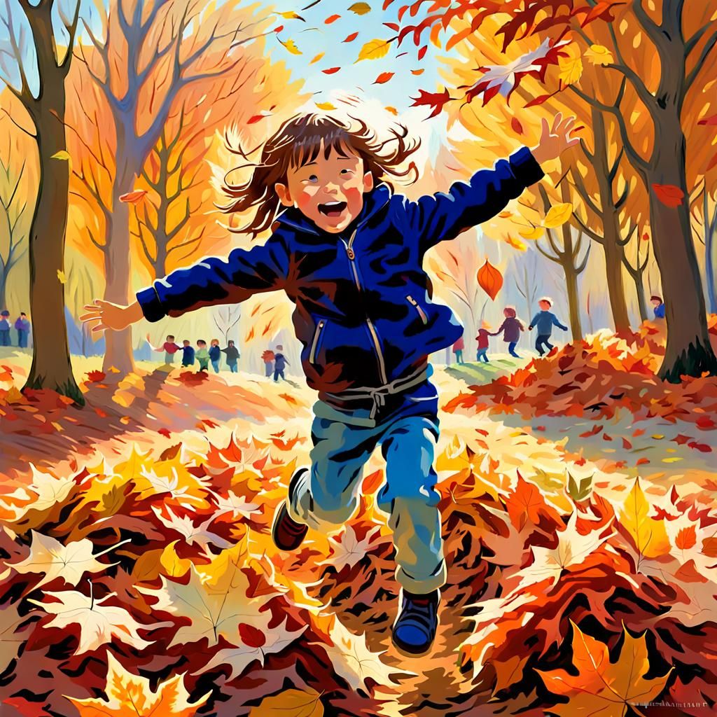 Child's Joyful Leap in Impressionist Autumn Scene