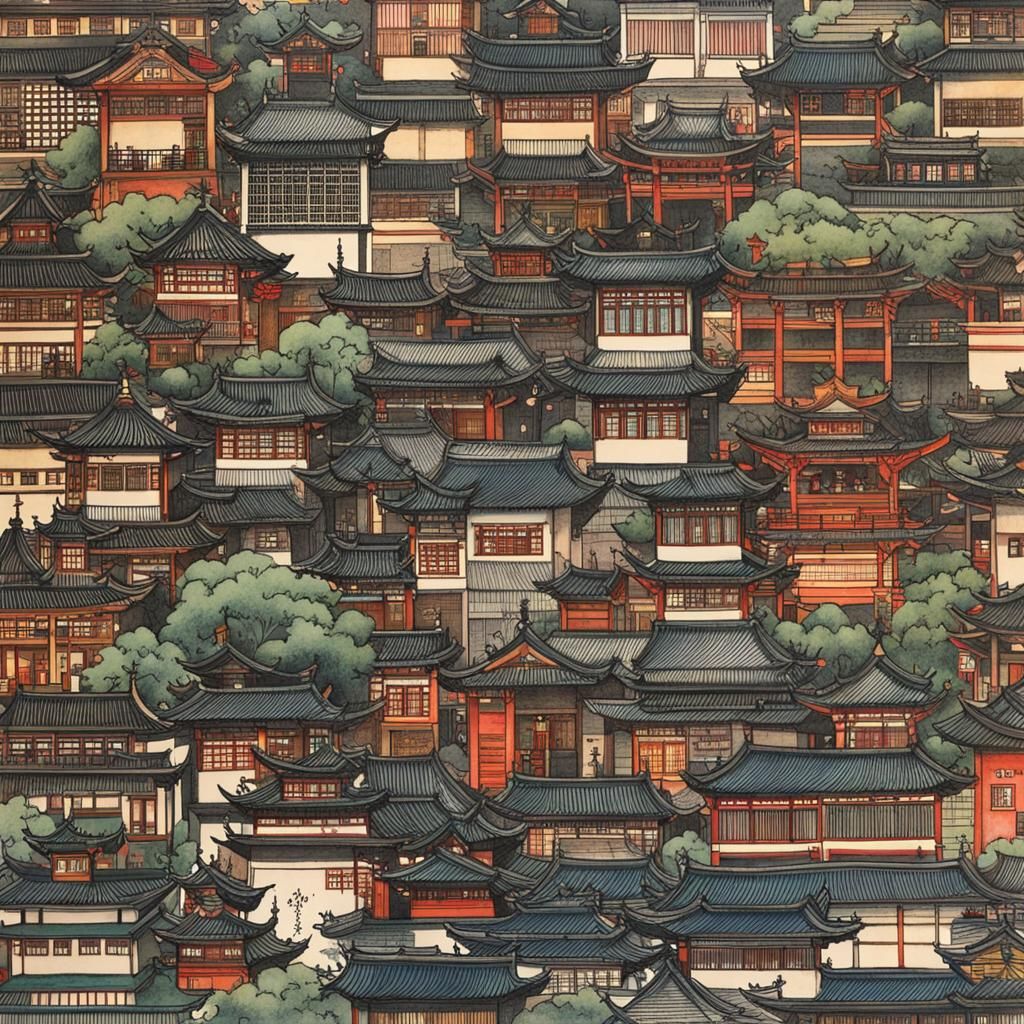 Colorful Japanese City Street in Ukiyo-e Style