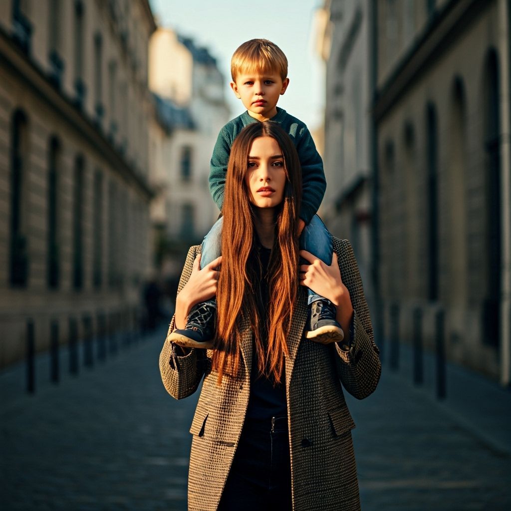 Elegant French Woman Carries Boy on Parisian Street