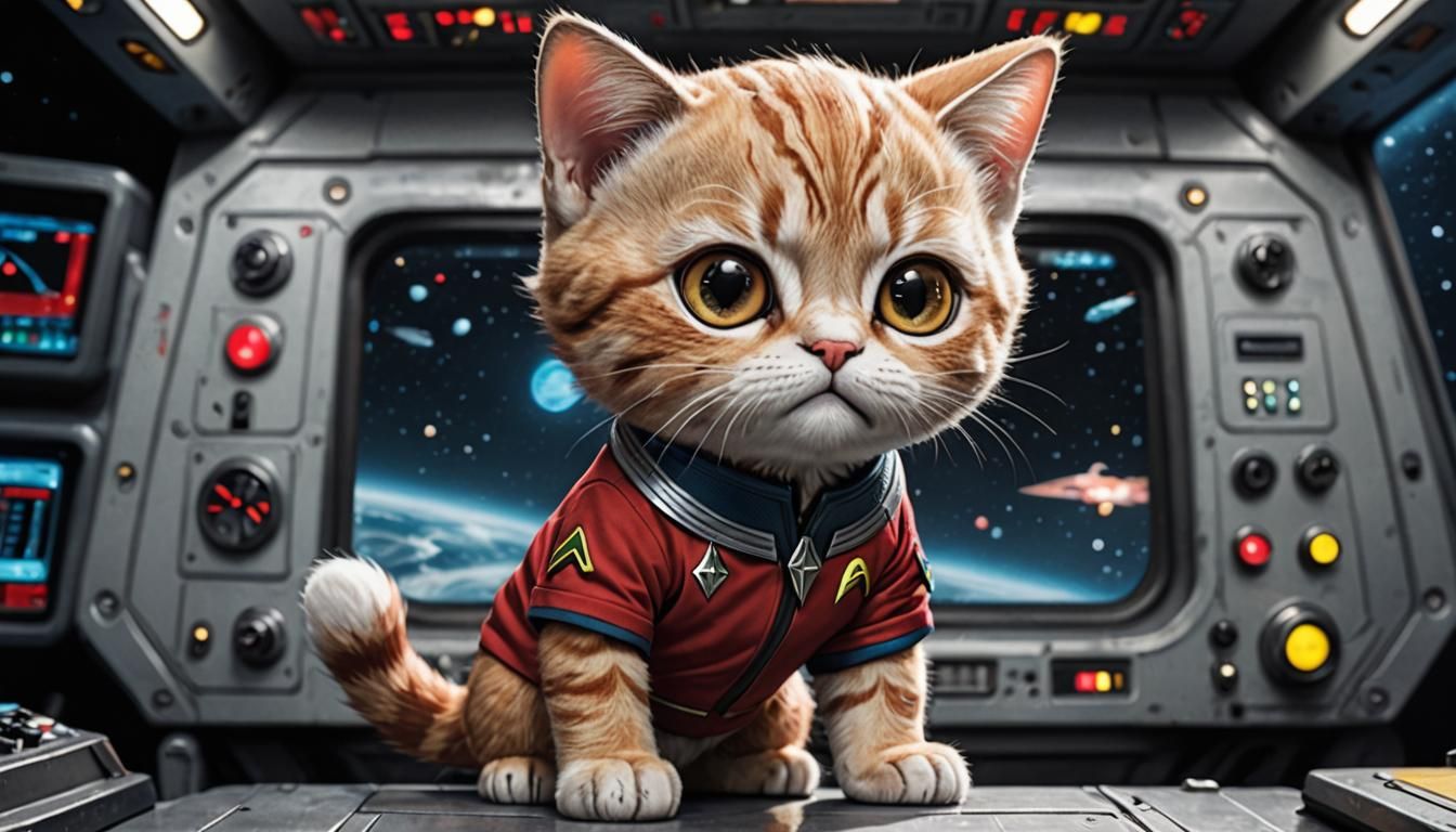 Chibi Cat in Star Trek Redshirt Cockpit
