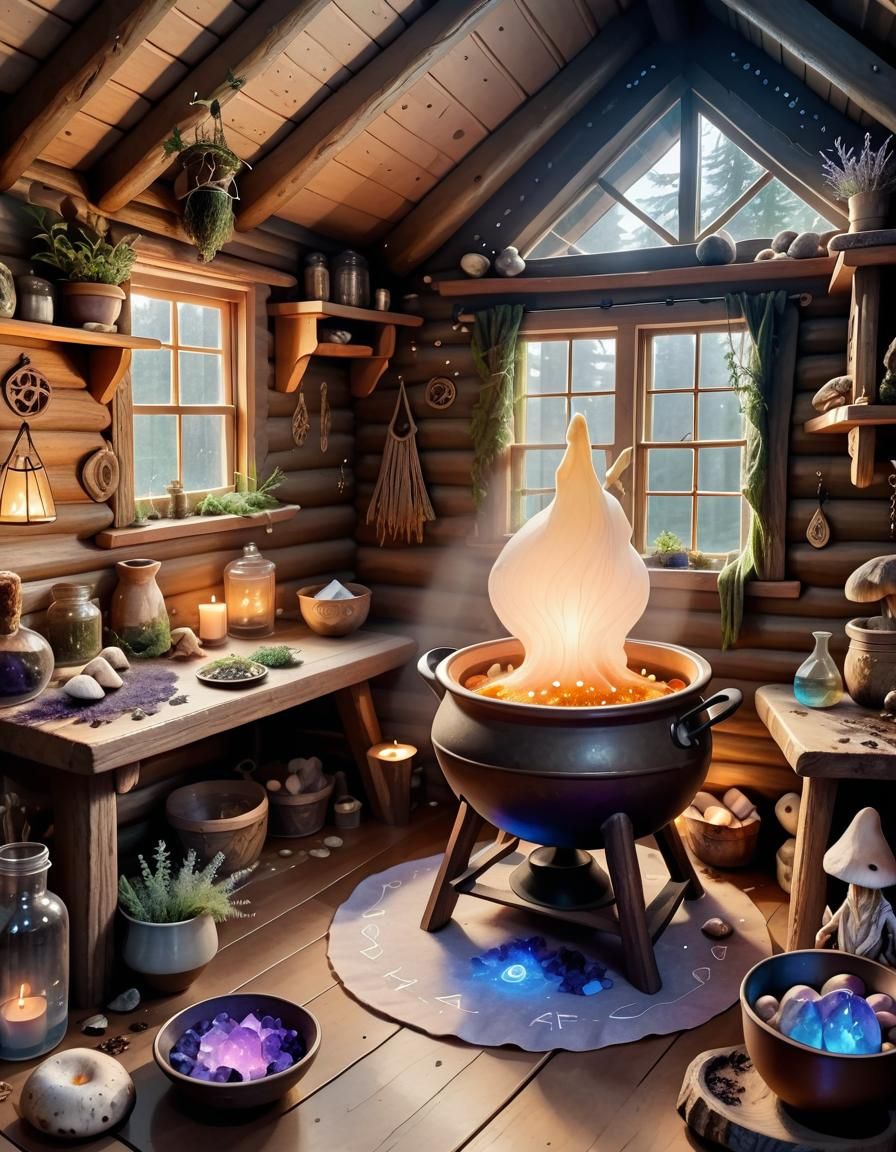 Cozy Pagan Cabin Interior with Runes: Watercolour Art