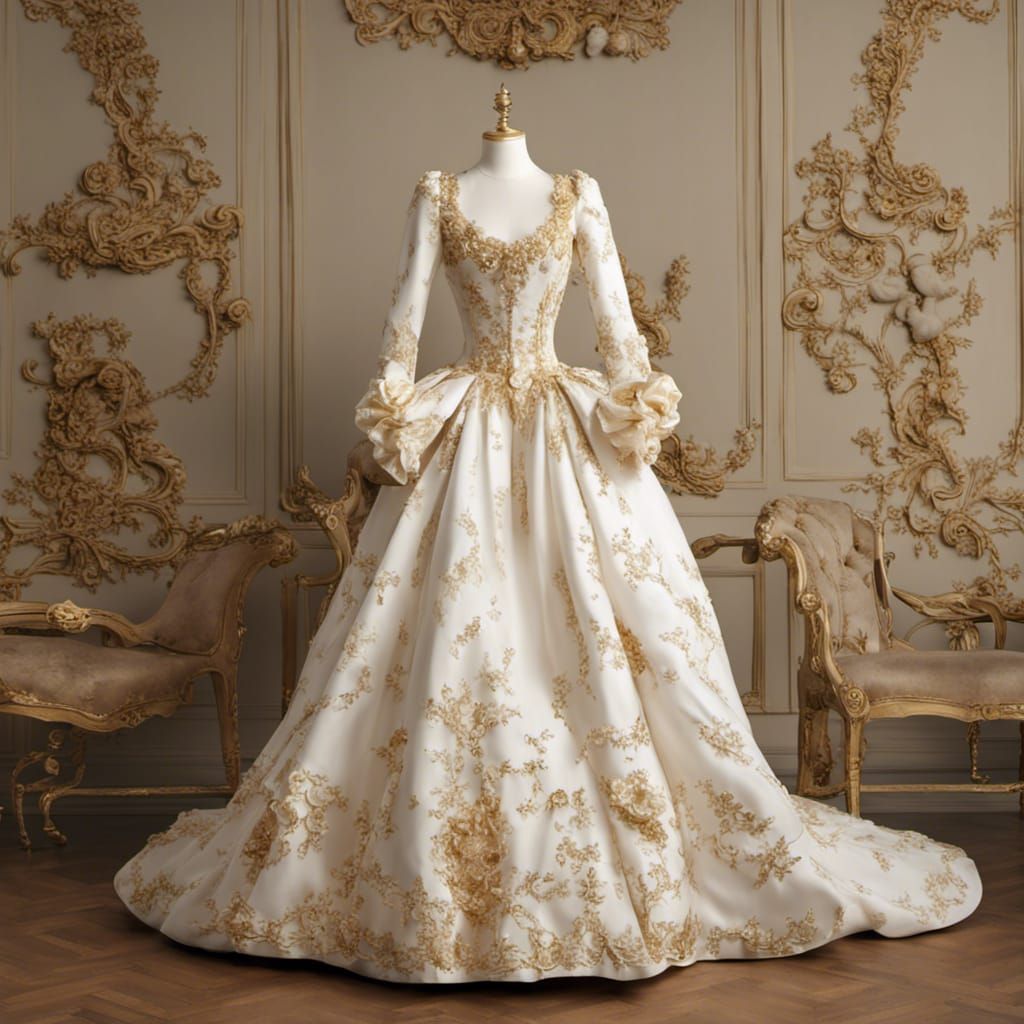 Rococo White Dress with Pearls on Dress Form