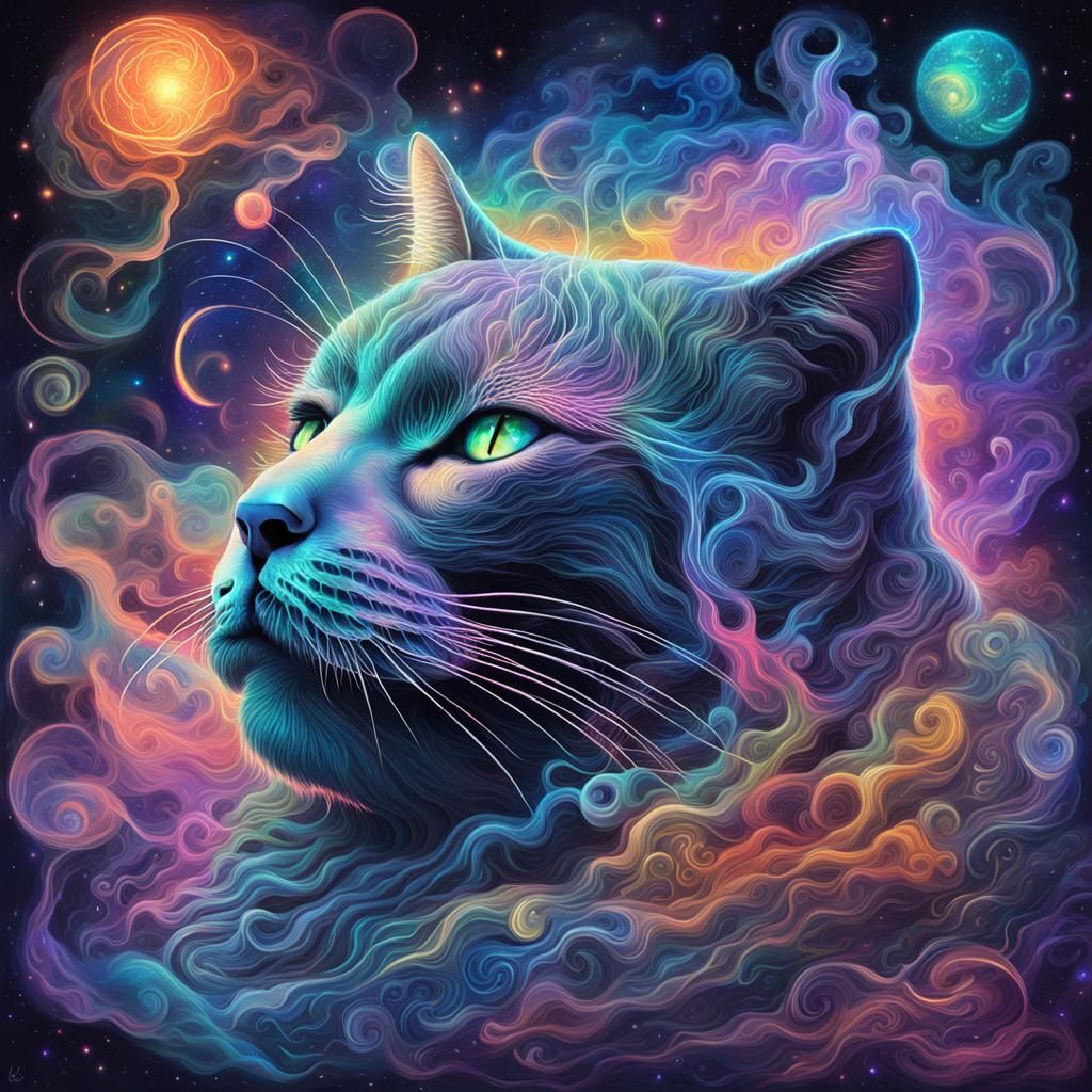 Cosmic Catnap: Holographic Astral Illustration