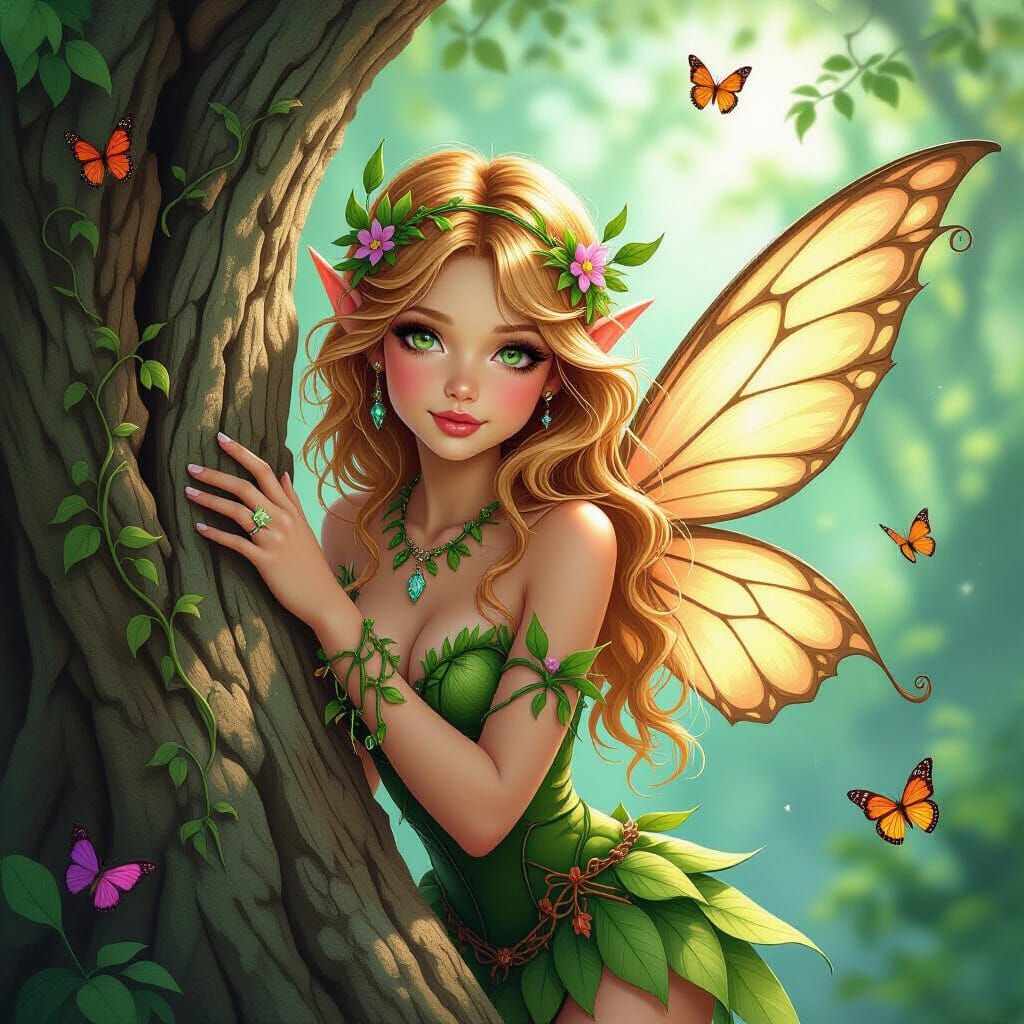 Enchanted Fairy Peeking in Forest, Fantasy Art