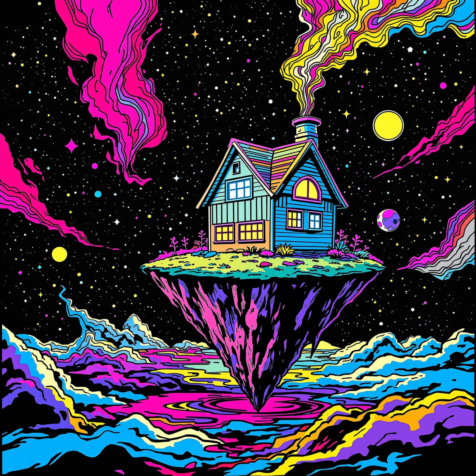 Vibrant Pop Art House on Floating Island in Cosmic Void