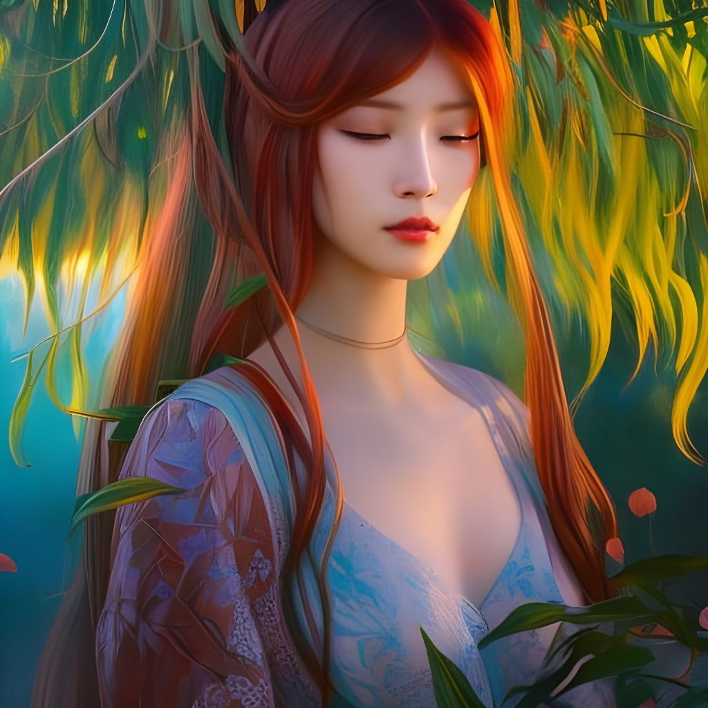 Woman in Silk Dress by Willow Trees