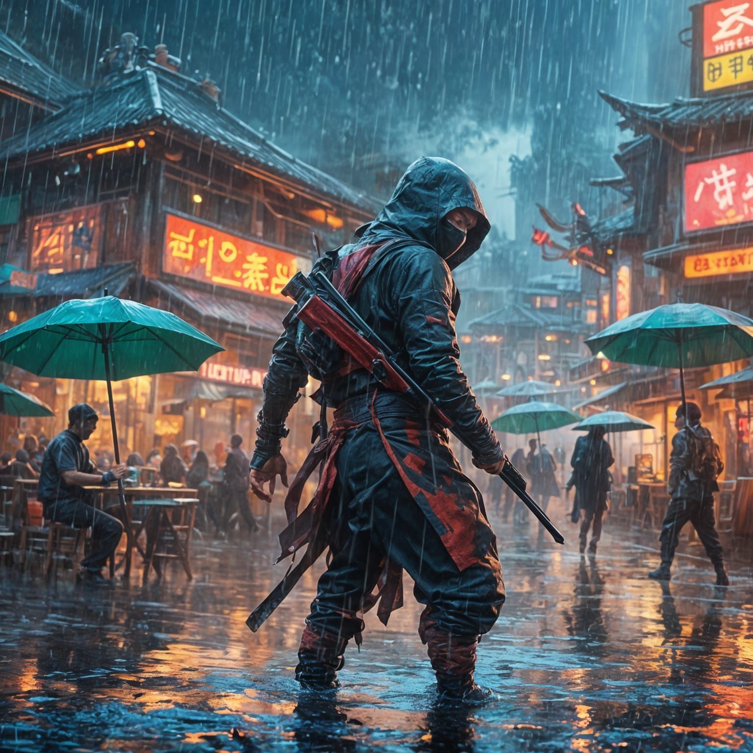 Ninja in Rainy Cyberpunk Cityscape