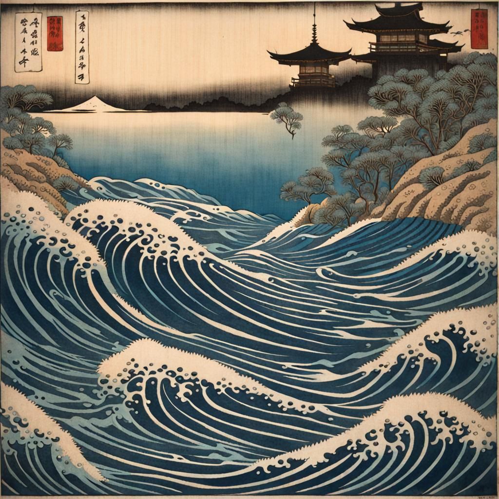 Underwater Scene in Japanese Woodblock Style