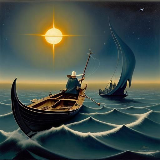 Surreal Ocean Boat Painting in Romantic Style