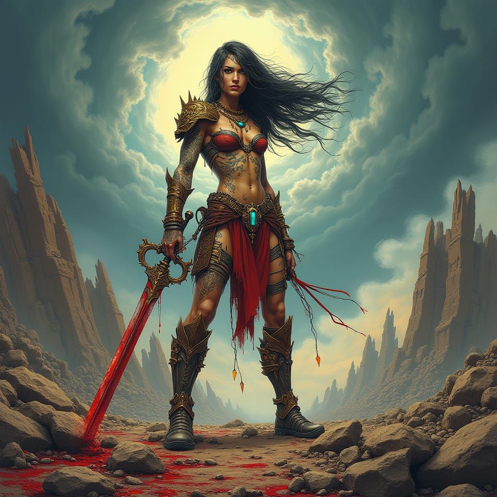 Tattooed Warrior on Battlefield in Dark Fantasy Style