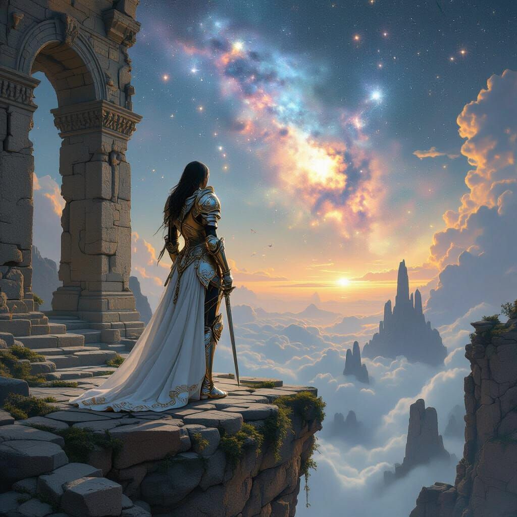 Ethereal Knight on Floating Island Gazing at Nebula