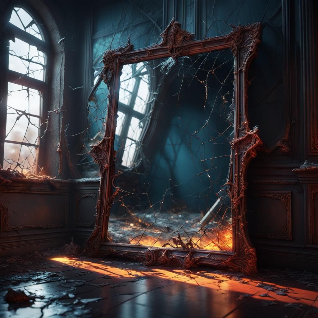 Cracked Mirror Reflects Light in Dark Fantasy Style
