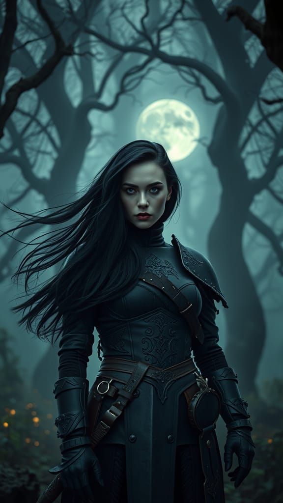 Gothic Huntress in Moonlit Forest, Dark Mystical Qualities