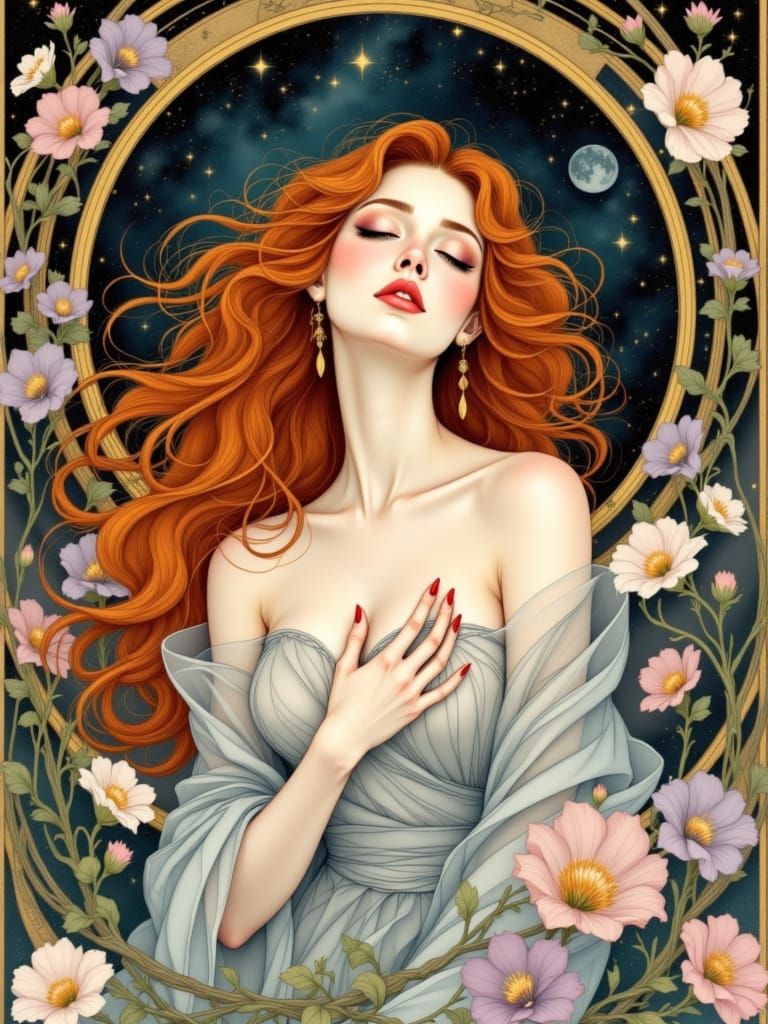 Art Nouveau Astral Painting of Serene Woman with Moon