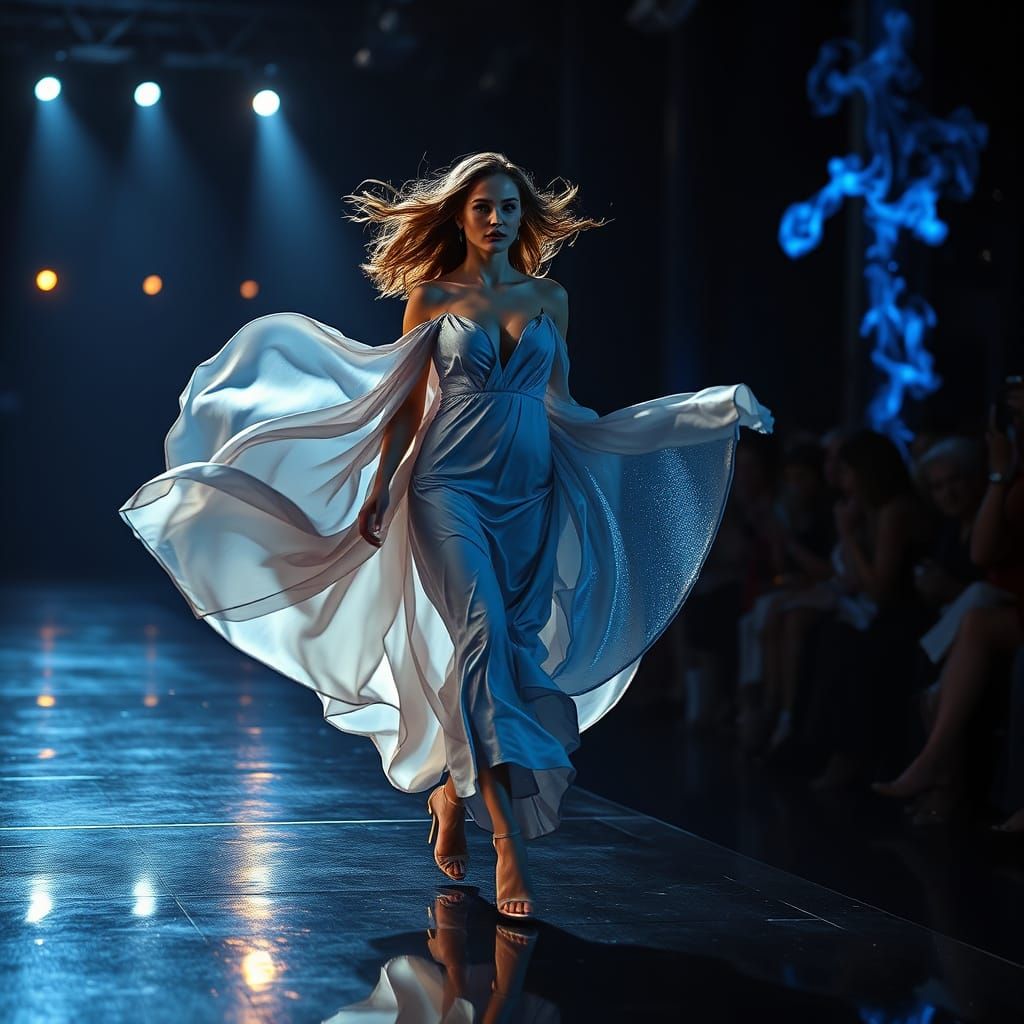 Dramatic Fashion Model Struts Down Reflective Catwalk with A...