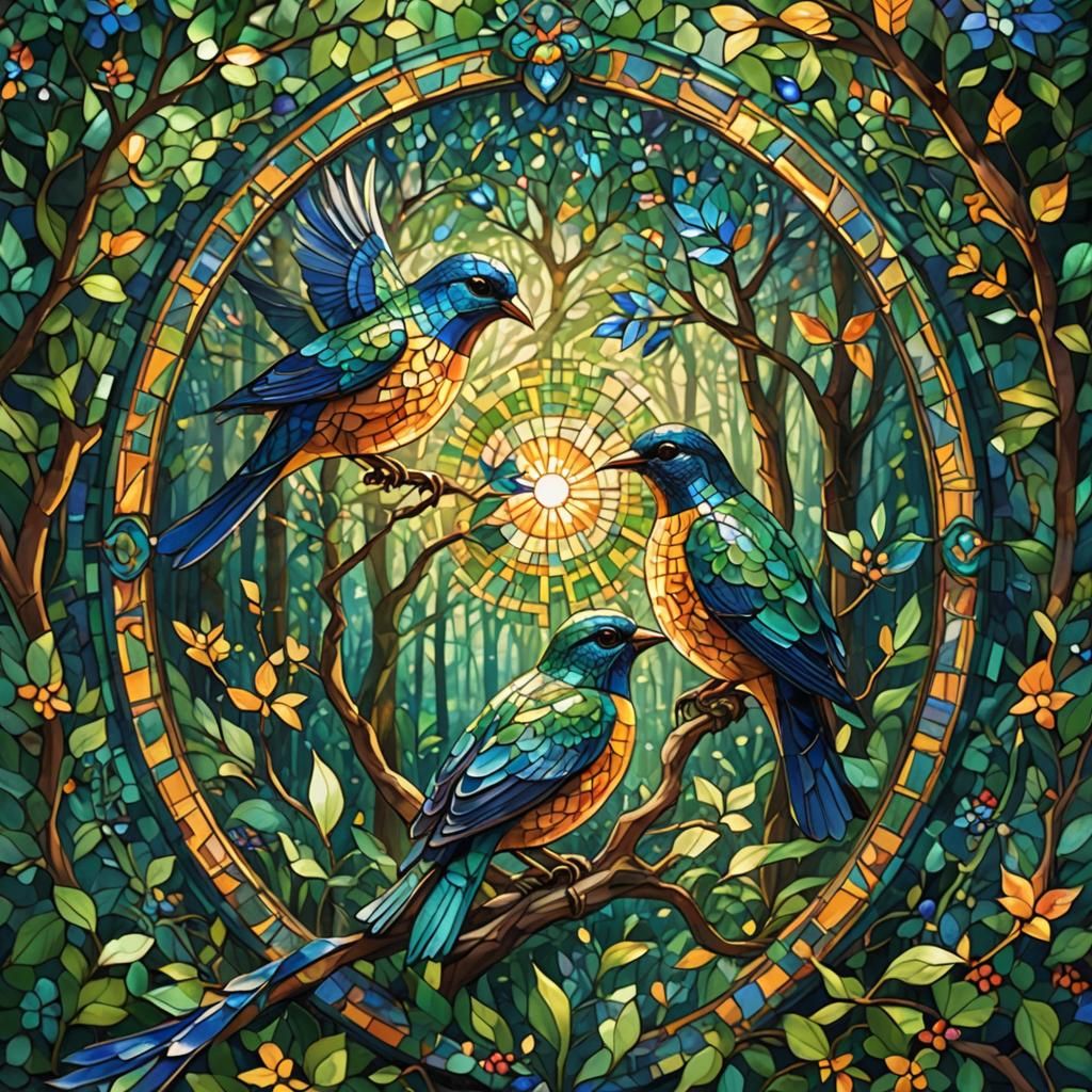 Birds Offering Gifts in Whimsical Mosaic Forest