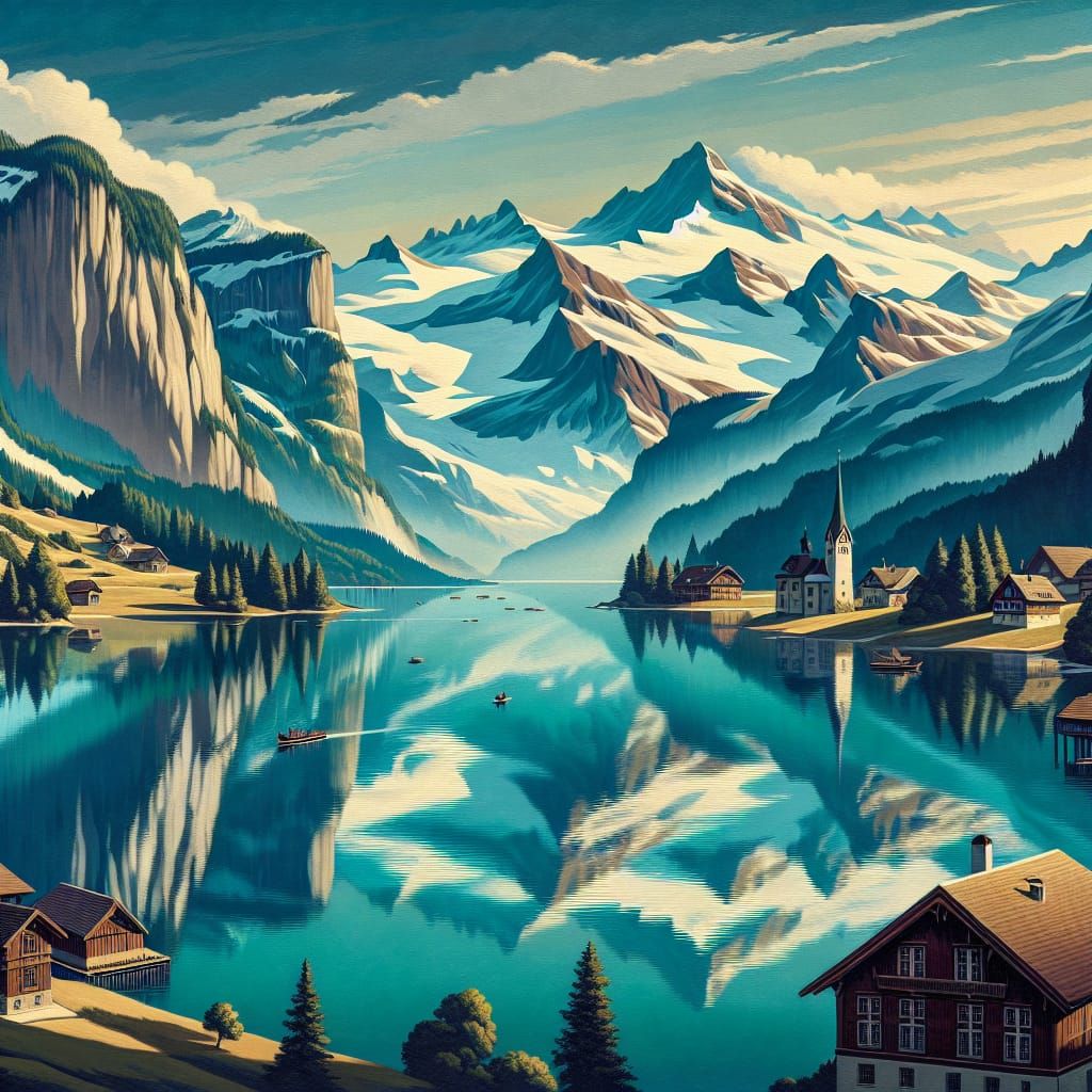 Art Deco Double Exposure: Swiss Landscape and Thunderstorm