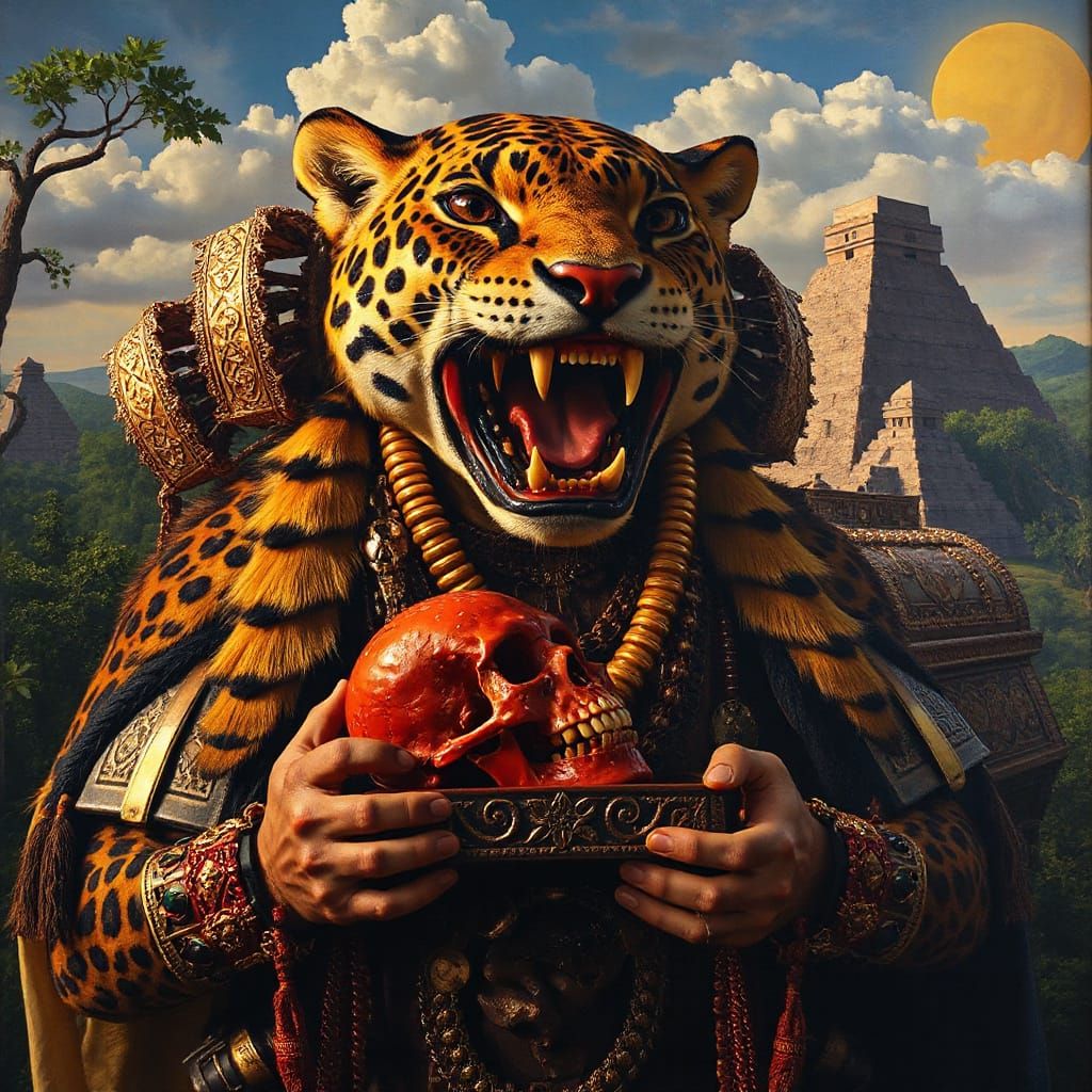Aztec Warrior in Jaguar Pelt with Sunken Face and Ancient Re...