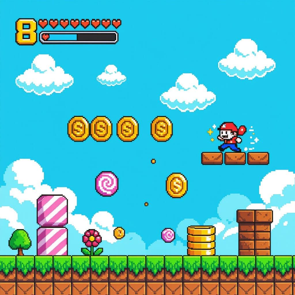 8-Bit Videogame Scene with Bouncing Clouds and Candy Coins