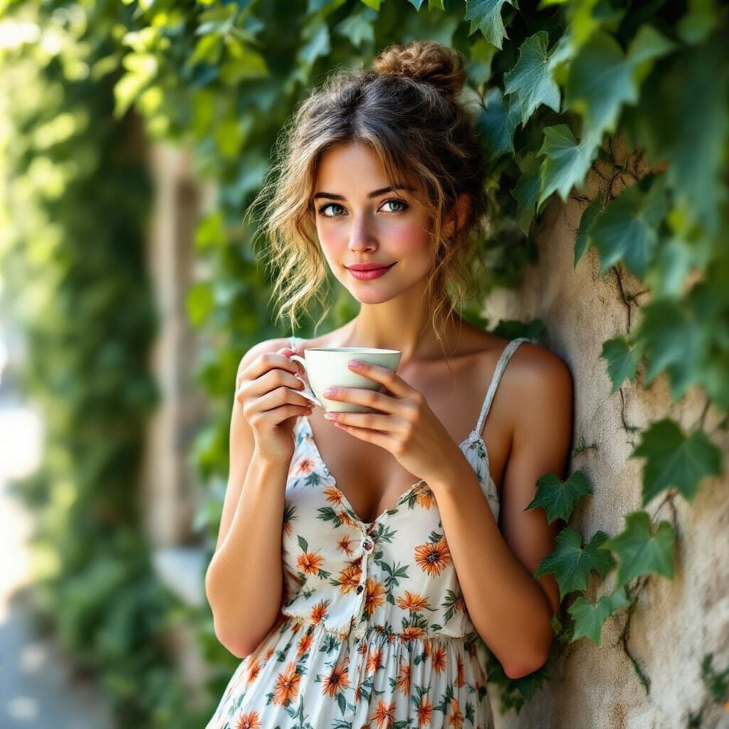 Woman in Summer Dress Having Tea
