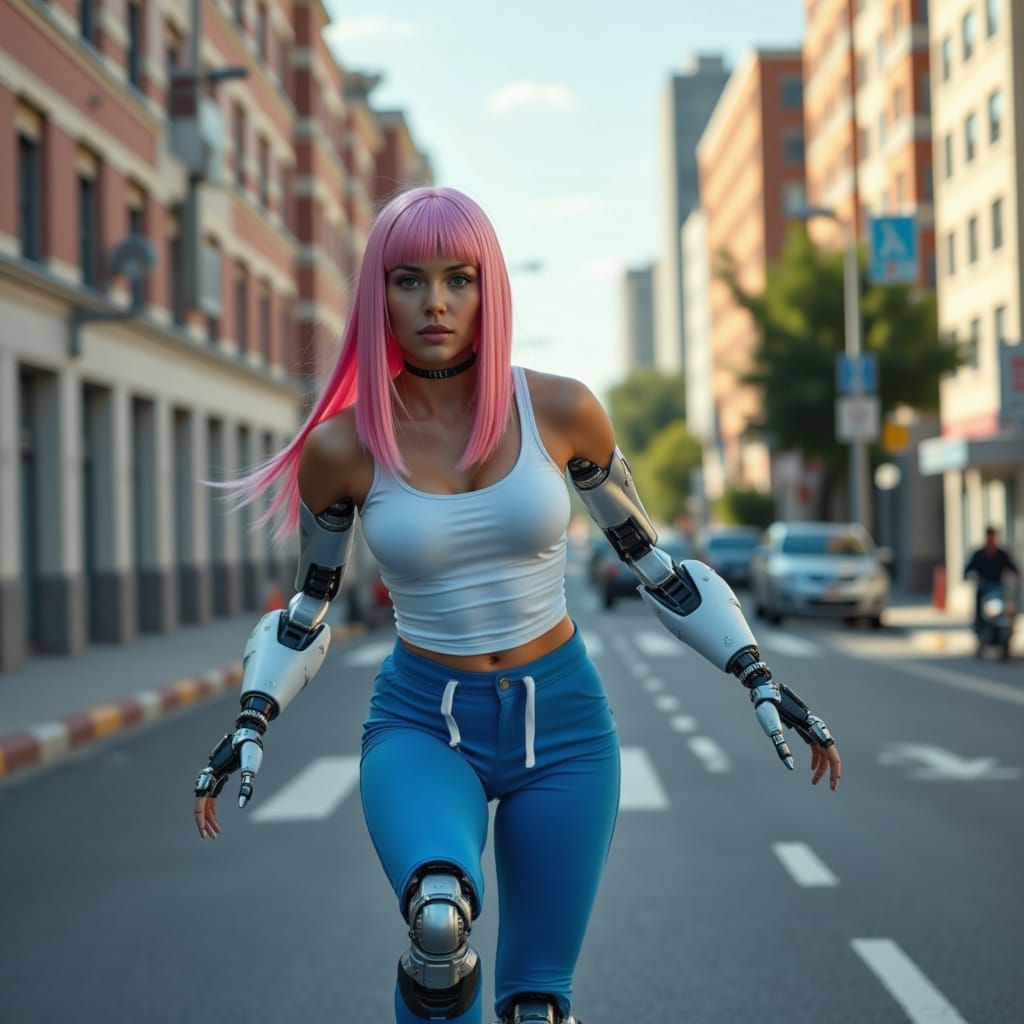 Photorealistic Woman with Robotic Parts Roller Skating