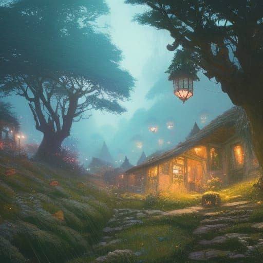 Enchanting Pixie Village Landscape, Digital Art