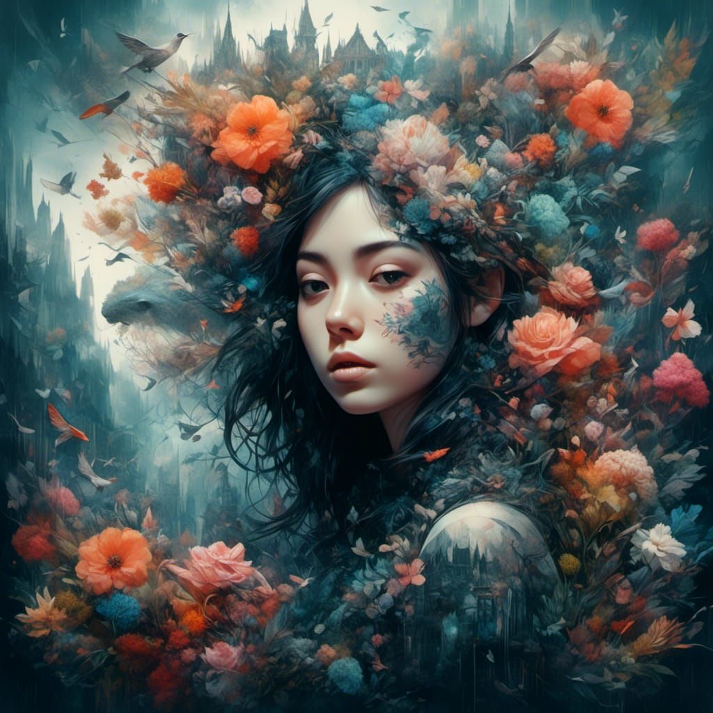Hyperrealistic Double Exposure: Goth Girl and Flowers