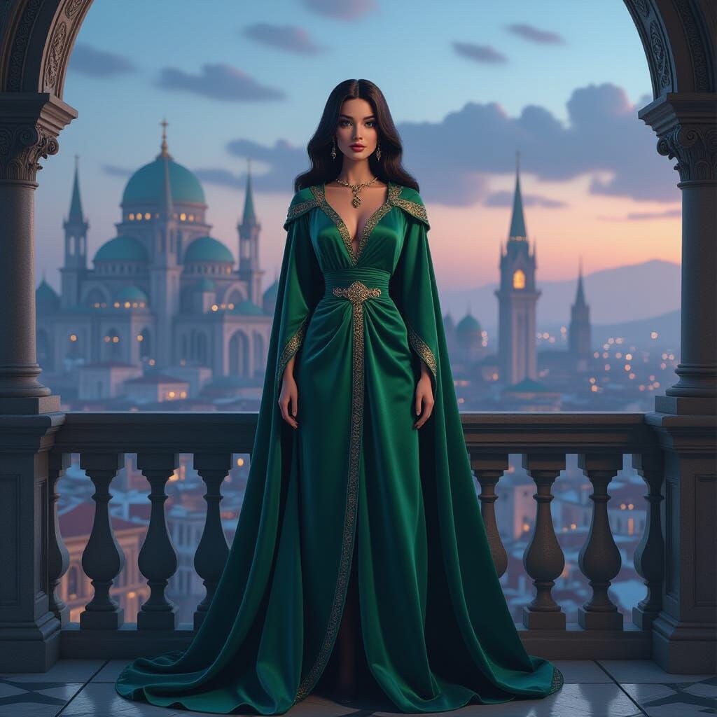 Majestic Emerald Fashion Doll on Balcony, Twilight Cityscape