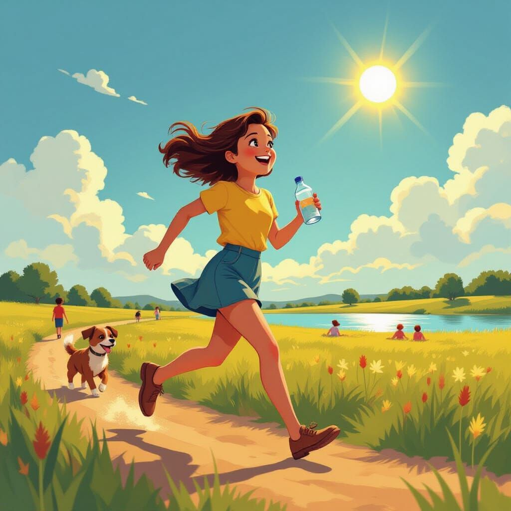 Girl Running in Field, Vibrant Filmation Style