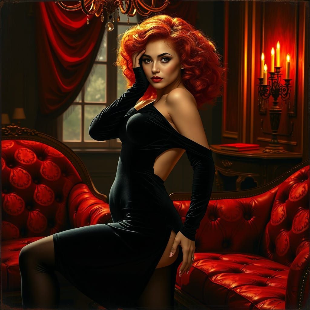 Dark Romantic Pin-up Model in Velvet Attire