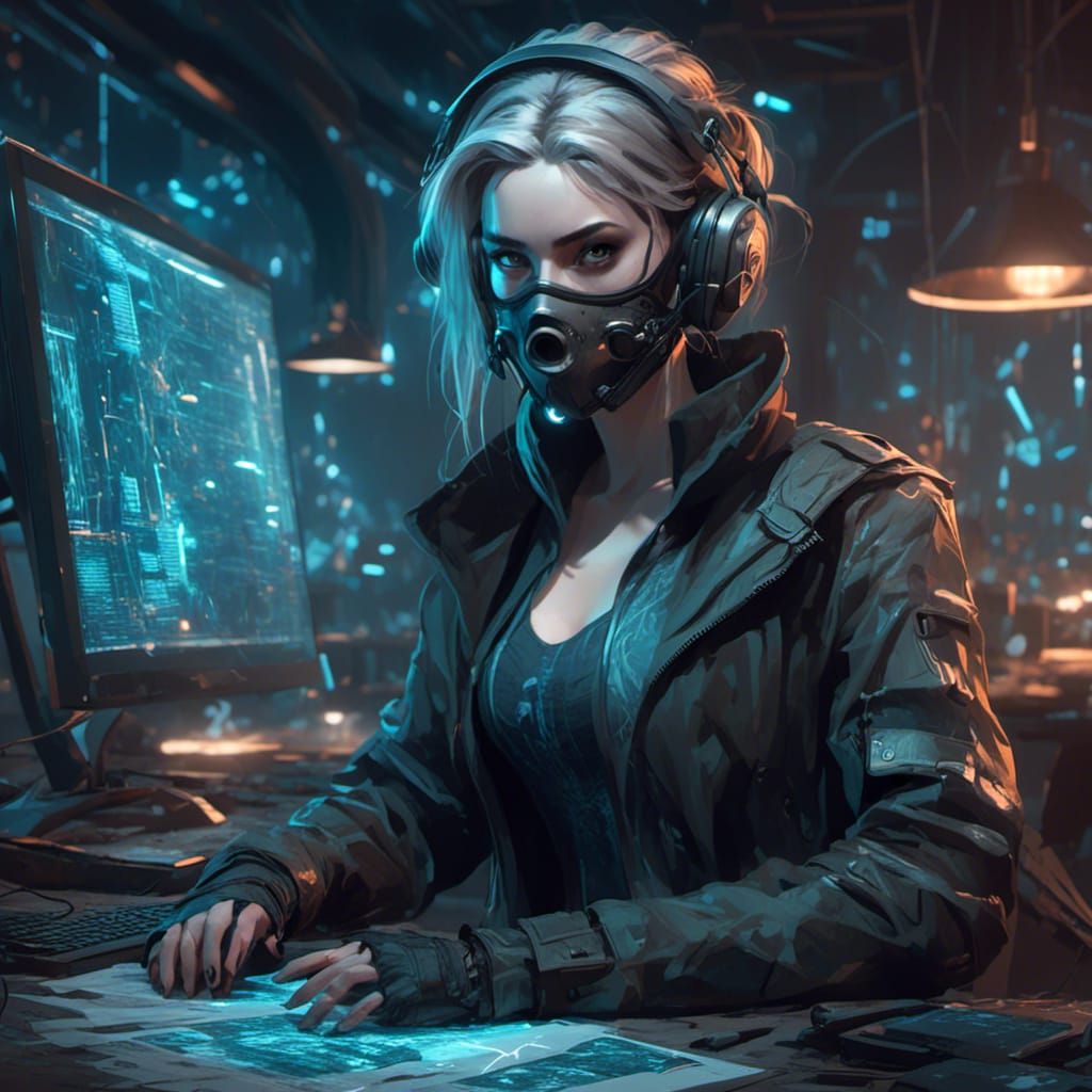 Masked Hacker in a Dark Room, Detailed Portrait