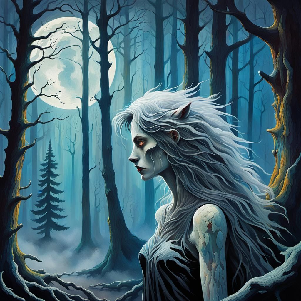 Mystical Wolf Woman in Moonlit Forest Splash Art