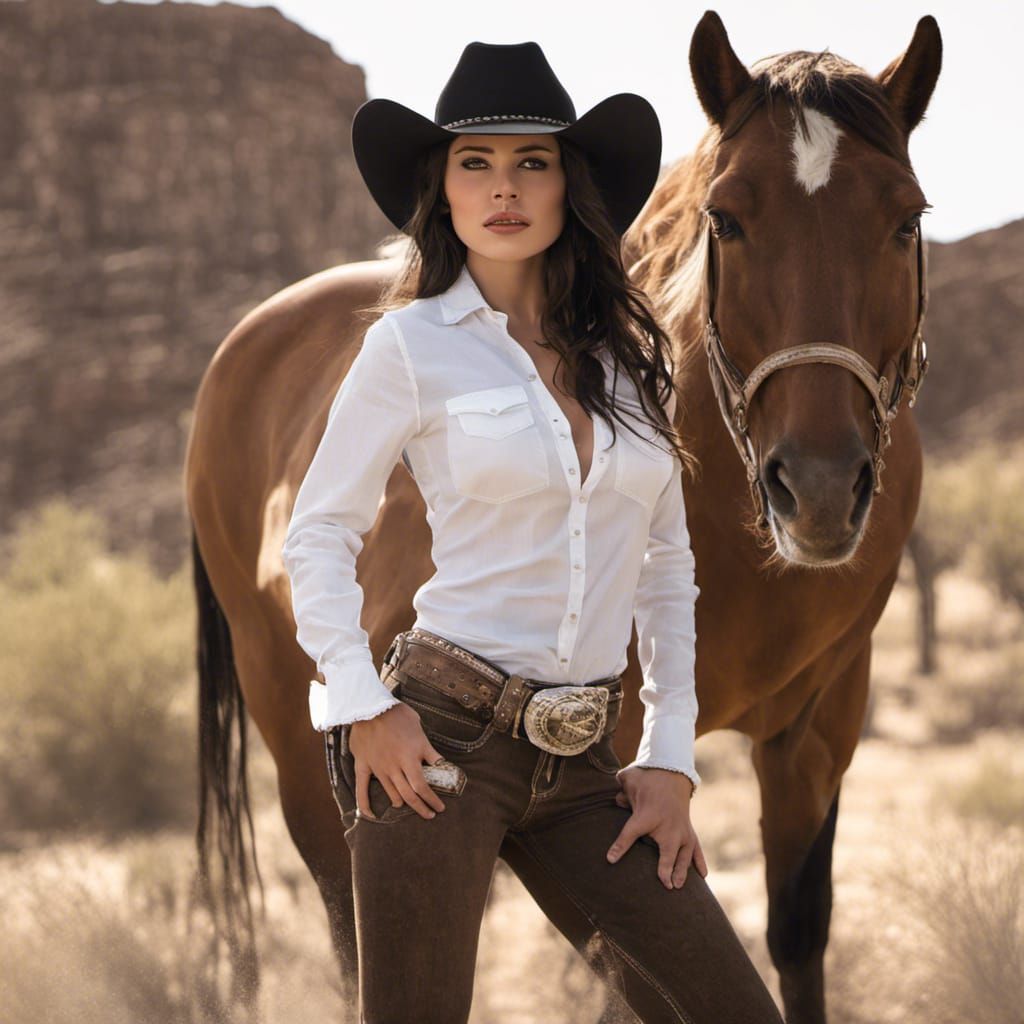 Cowgirl Digging for Treasure in Desert Landscape