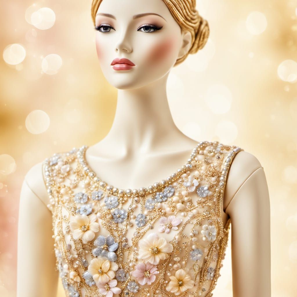 Sparkling Floral Dress on Mannequin, Watercolor Style