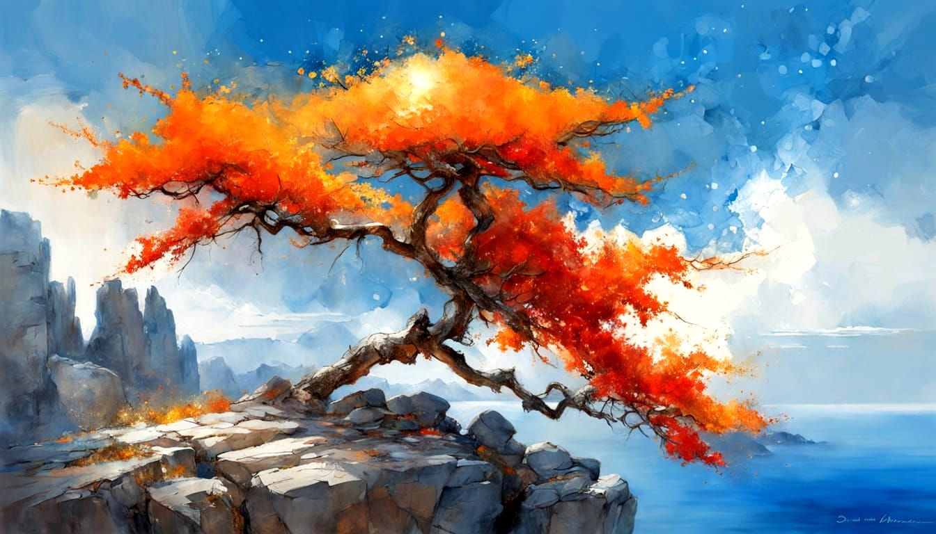Vibrant Blossoming Tree in Oil and Watercolor Painting