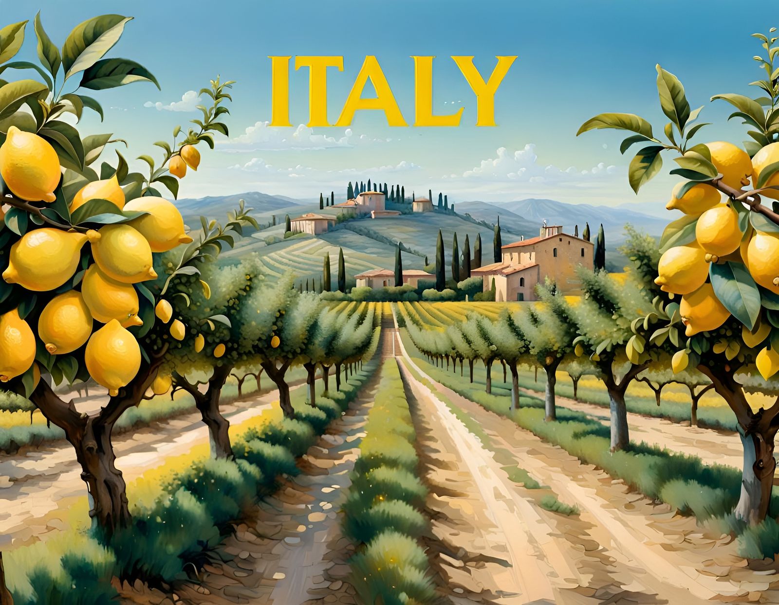 Italian Lemon Orchard Postcard in Impressionist Style