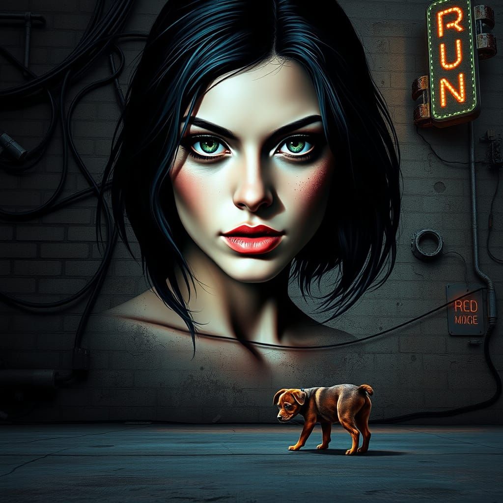 Hyperrealistic Woman in Dystopian Cityscape