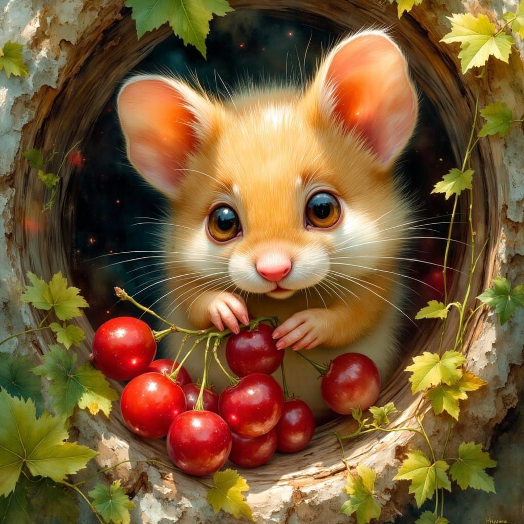 Whimsical Fluffy Creature in Sunlit Oak Tree