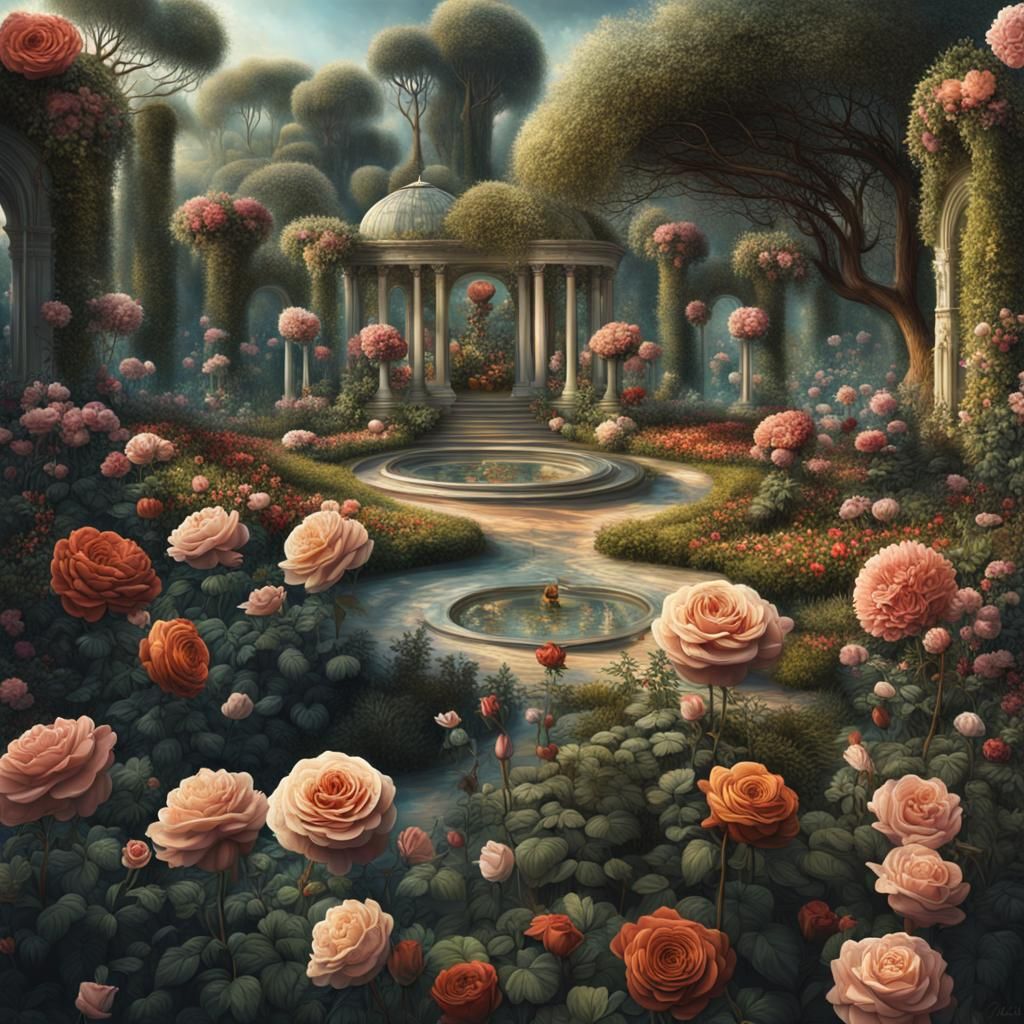 Surreal Garden with Roses in Salvador Dali Style