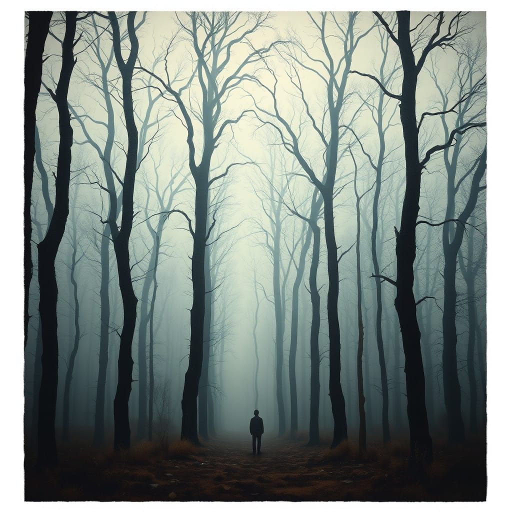 Mysterious Figure Lost in a Haunting, Misty Forest