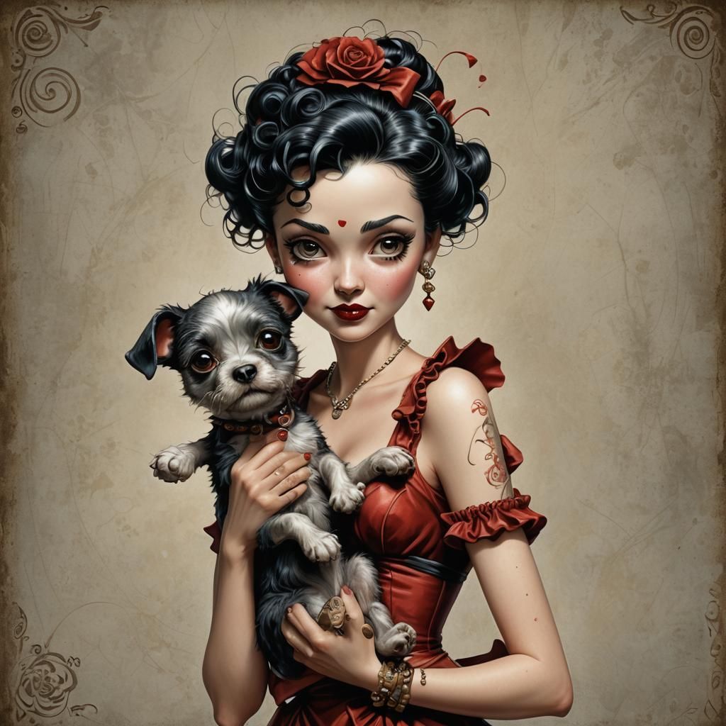 Betty Boop Pin-Up with Dog in Digital Painting